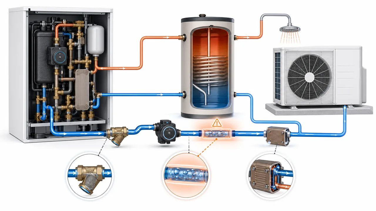 Schéma de diagnostic illustrant un débit ECS perturbé par une poche d’air sur le circuit hydraulique Daikin Altherma.