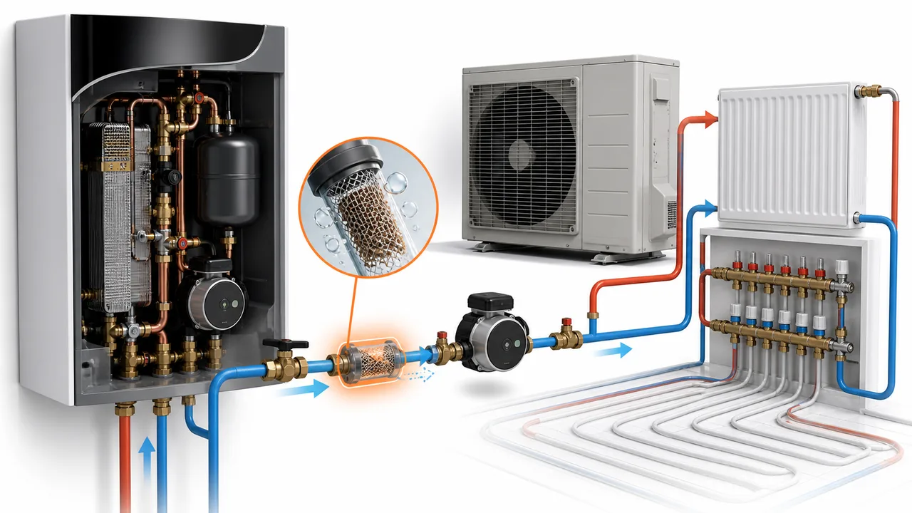 Schéma de diagnostic montrant un débit chauffage insuffisant sur une pompe à chaleur Daikin Altherma avec filtre encrassé.