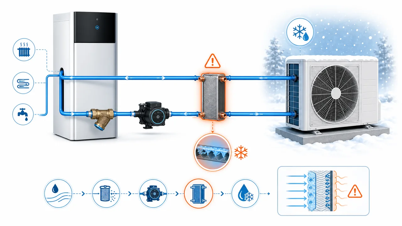 Schéma de diagnostic montrant un échangeur à plaques Daikin Altherma exposé au gel pendant un dégivrage avec débit insuffisant.