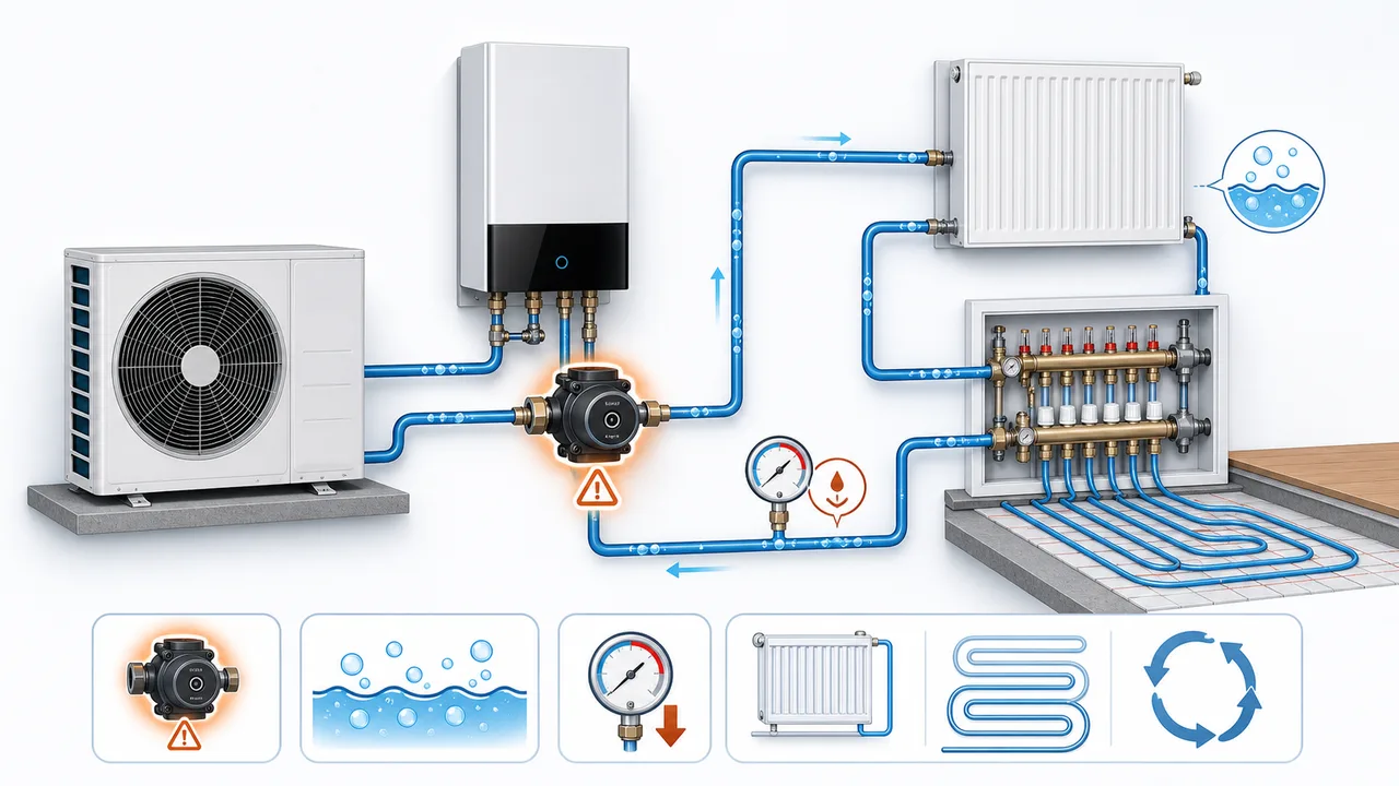 Schéma de diagnostic illustrant une pompe de circulation Daikin Altherma perturbée par de l’air et une pression basse dans le circuit chauffage.