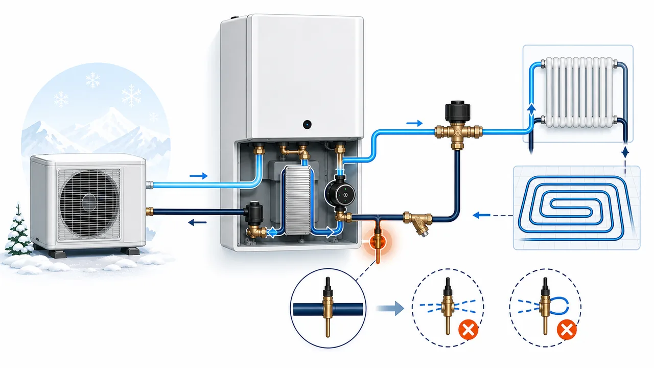 Schéma de diagnostic montrant une sonde de température d’eau retour en défaut sur une Daikin Altherma.