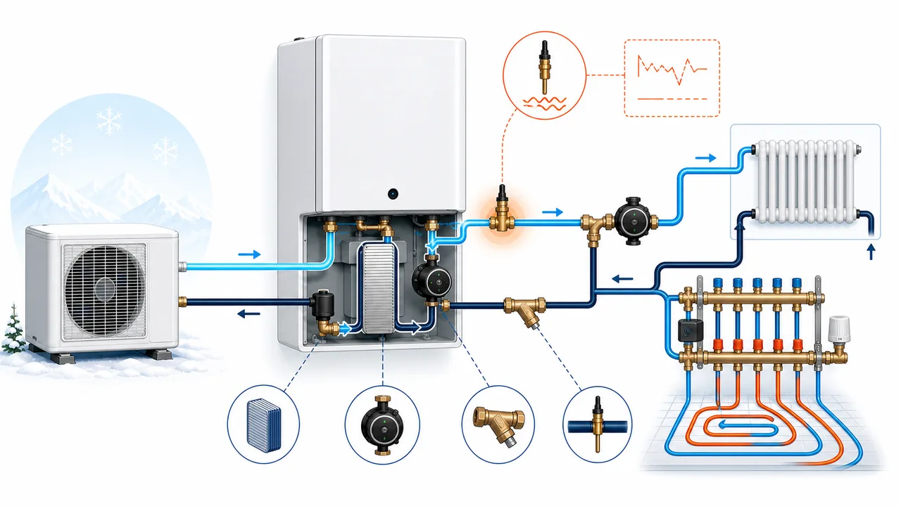 Schéma de diagnostic illustrant une thermistance d’eau départ défaillante sur une Daikin Altherma.