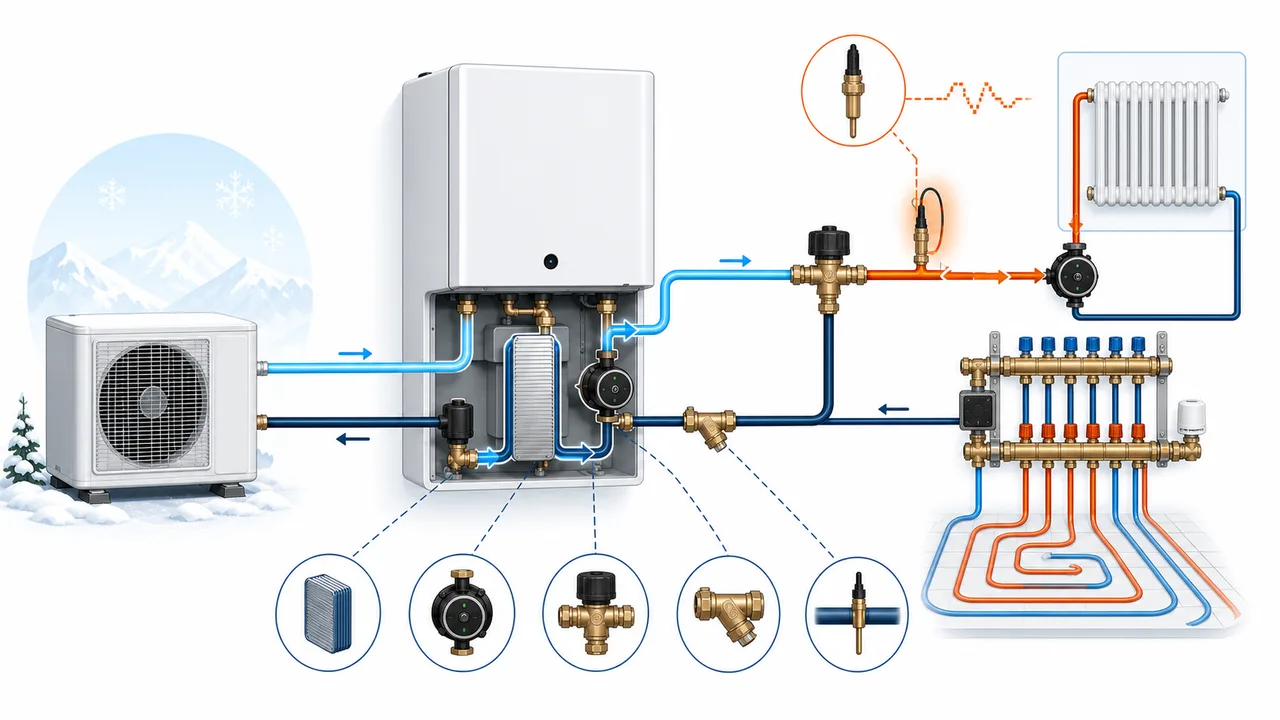 Schéma de diagnostic montrant une thermistance d’eau mélangée en anomalie sur un circuit secondaire Daikin Altherma.