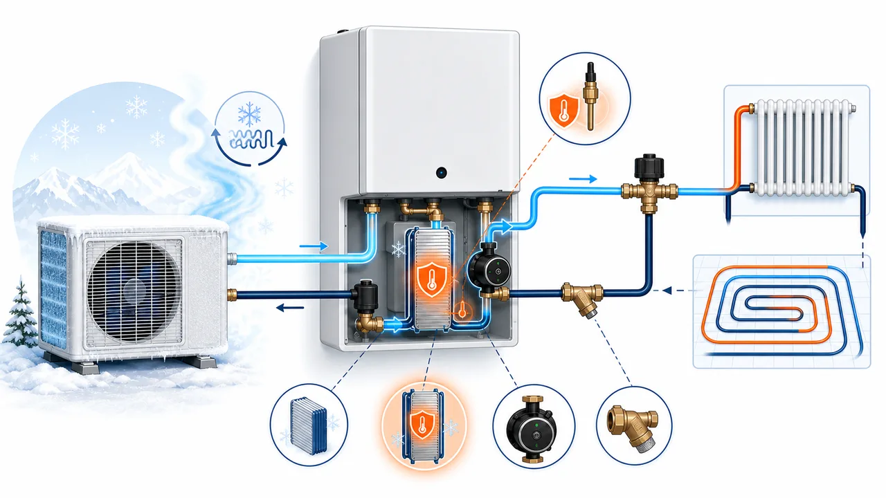 Schéma de diagnostic illustrant une protection antigel de l’échangeur à plaques Daikin Altherma pendant un dégivrage.