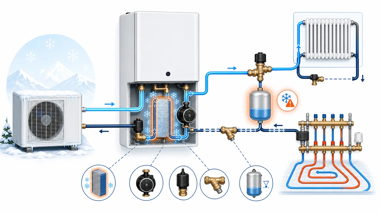 Schéma de diagnostic montrant une protection antigel d’échangeur à plaques Daikin Altherma liée à un volume hydraulique insuffisant.
