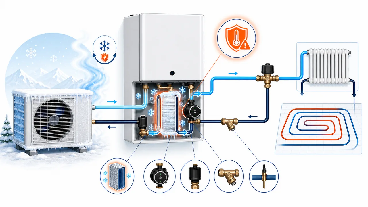 Schéma de diagnostic montrant une alerte gel critique de l’échangeur à plaques sur une Daikin Altherma.