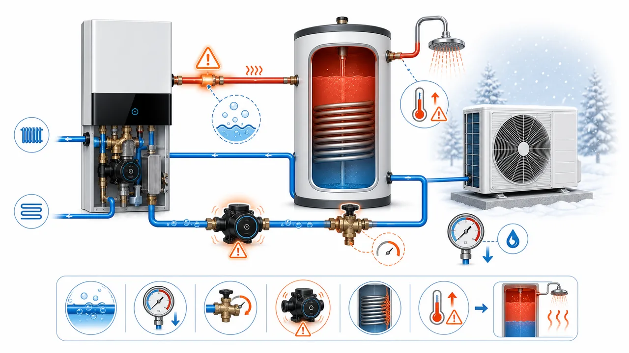 Schéma de diagnostic montrant une montée trop rapide de température ECS sur une Daikin Altherma avec débit d’eau insuffisant.