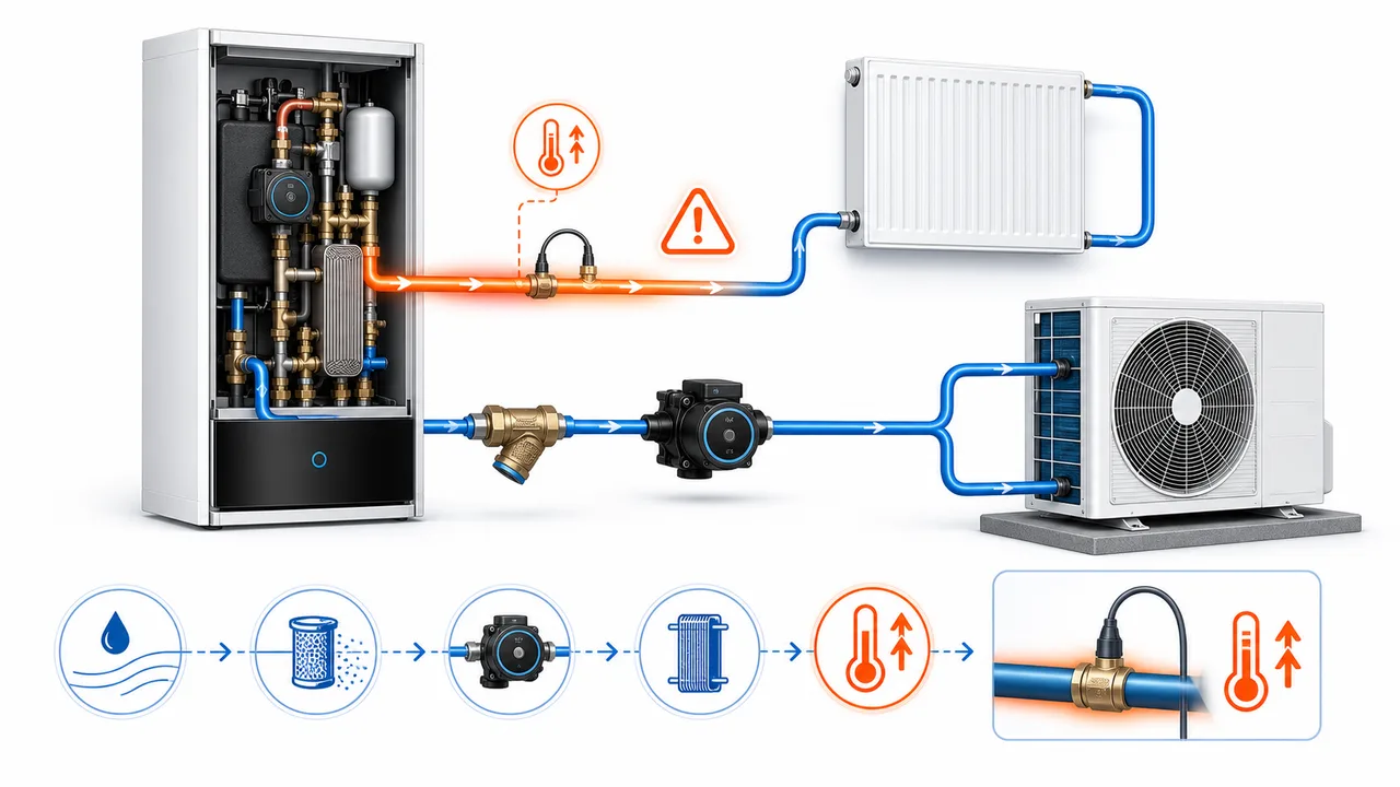 Schéma de diagnostic illustrant une surchauffe de l’eau de départ Daikin Altherma liée au débit ou au capteur de température.