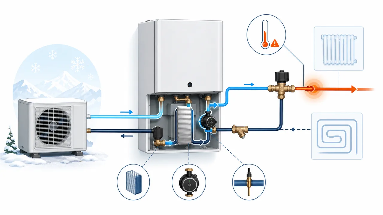 Schéma de diagnostic montrant une surchauffe du circuit d’eau mélangée sur une Daikin Altherma.
