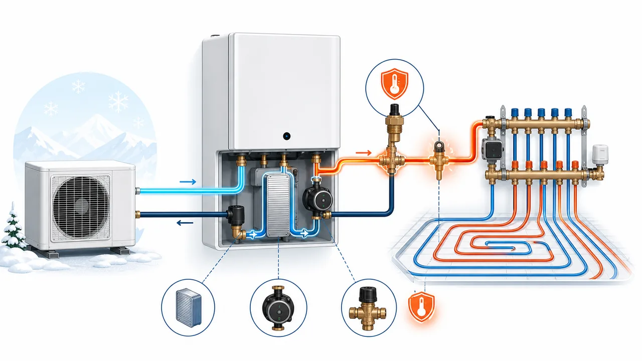 Schéma de diagnostic illustrant un thermostat de sécurité déclenché sur le circuit d’eau mélangée Daikin Altherma.