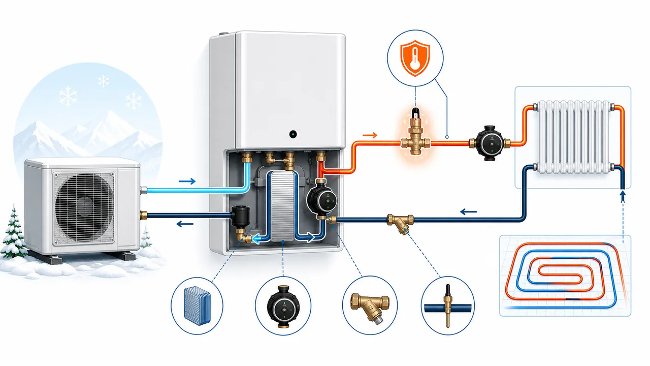 Schéma de diagnostic montrant un thermostat de sécurité déclenché sur le circuit d’eau principal Daikin Altherma.