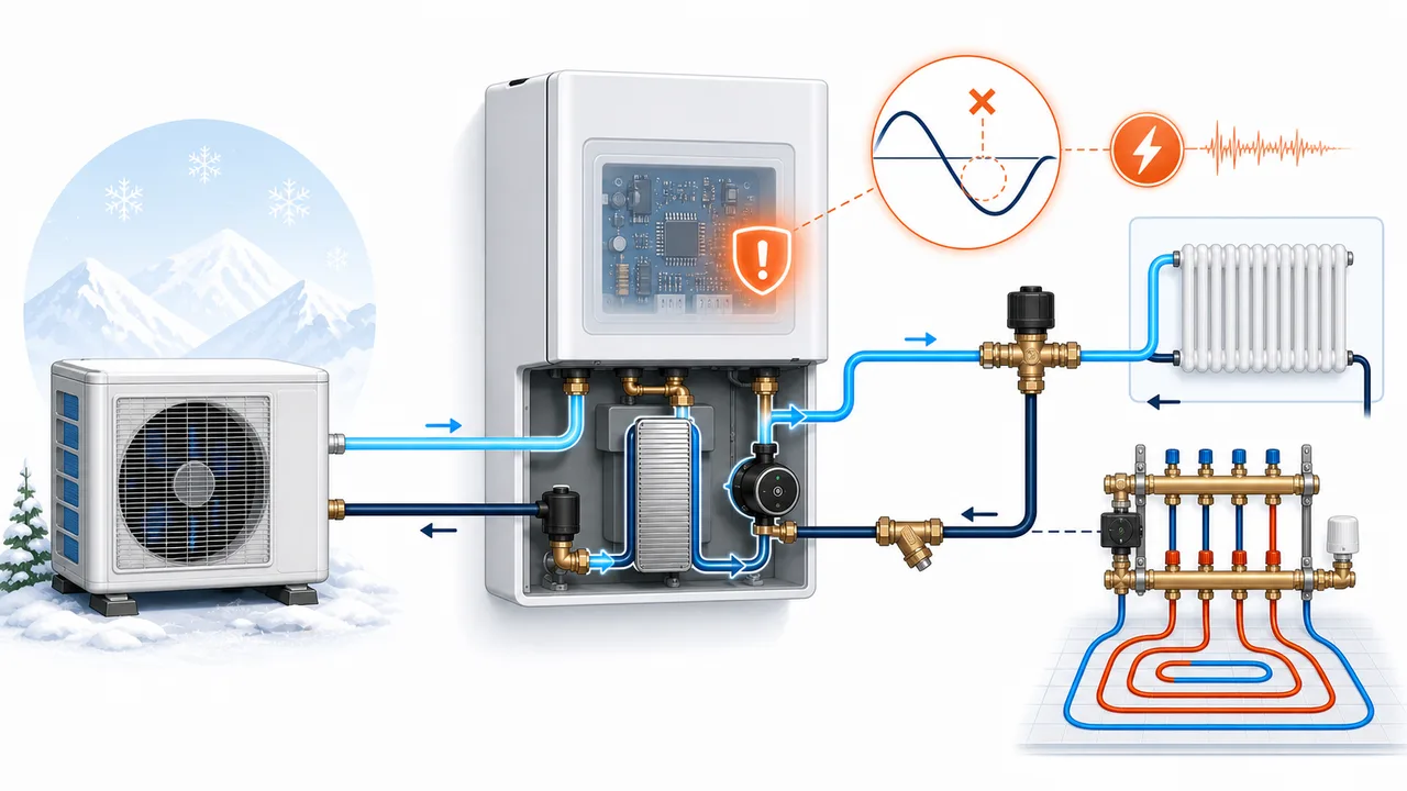 Schéma de diagnostic montrant un défaut de détection du passage par zéro sur la carte électronique Daikin Altherma.