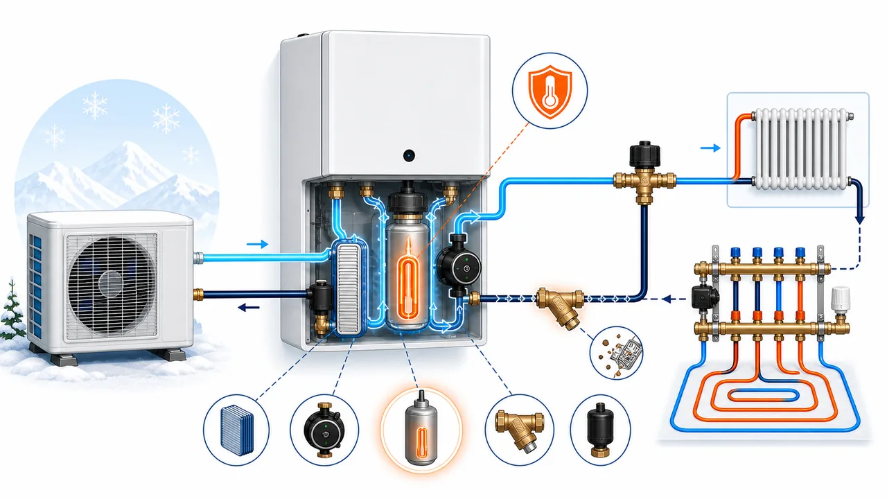 Schéma de diagnostic montrant une résistance d’appoint intégrée Daikin Altherma en surchauffe avec débit hydraulique insuffisant.