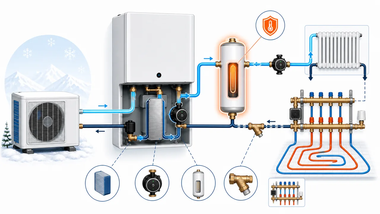 Schéma de diagnostic illustrant un réchauffeur électrique d’appoint externe Daikin Altherma en surchauffe.