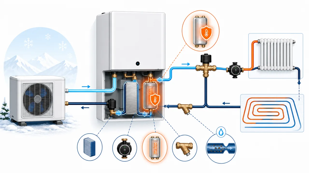 Schéma de diagnostic montrant un booster heater Daikin Altherma en protection de surchauffe sur le circuit hydraulique.