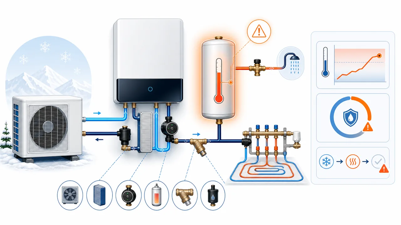 Schéma de diagnostic montrant une désinfection thermique ECS Daikin Altherma incomplète sur le ballon d’eau chaude.