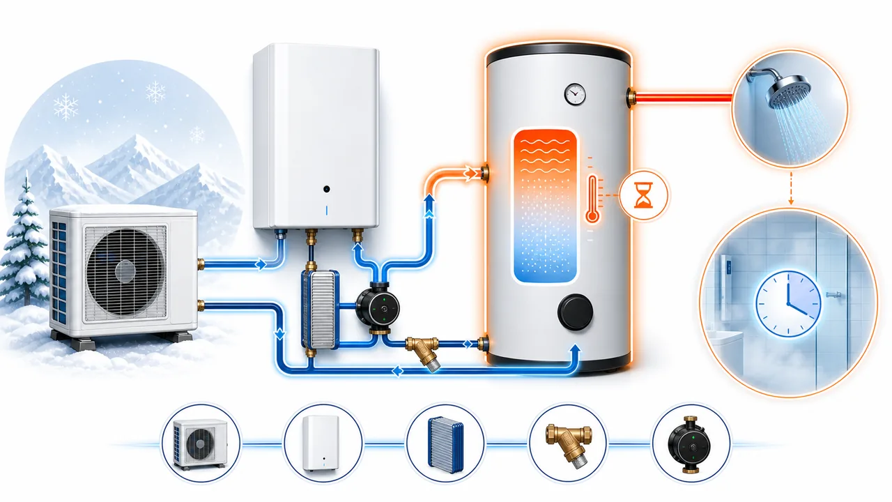 Schéma de diagnostic illustrant une production ECS Daikin Altherma trop longue avec ballon sanitaire et transfert thermique ralenti.