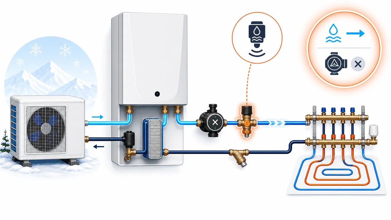 Schéma de diagnostic montrant un capteur de débit Daikin Altherma détectant un débit alors que la pompe est arrêtée.
