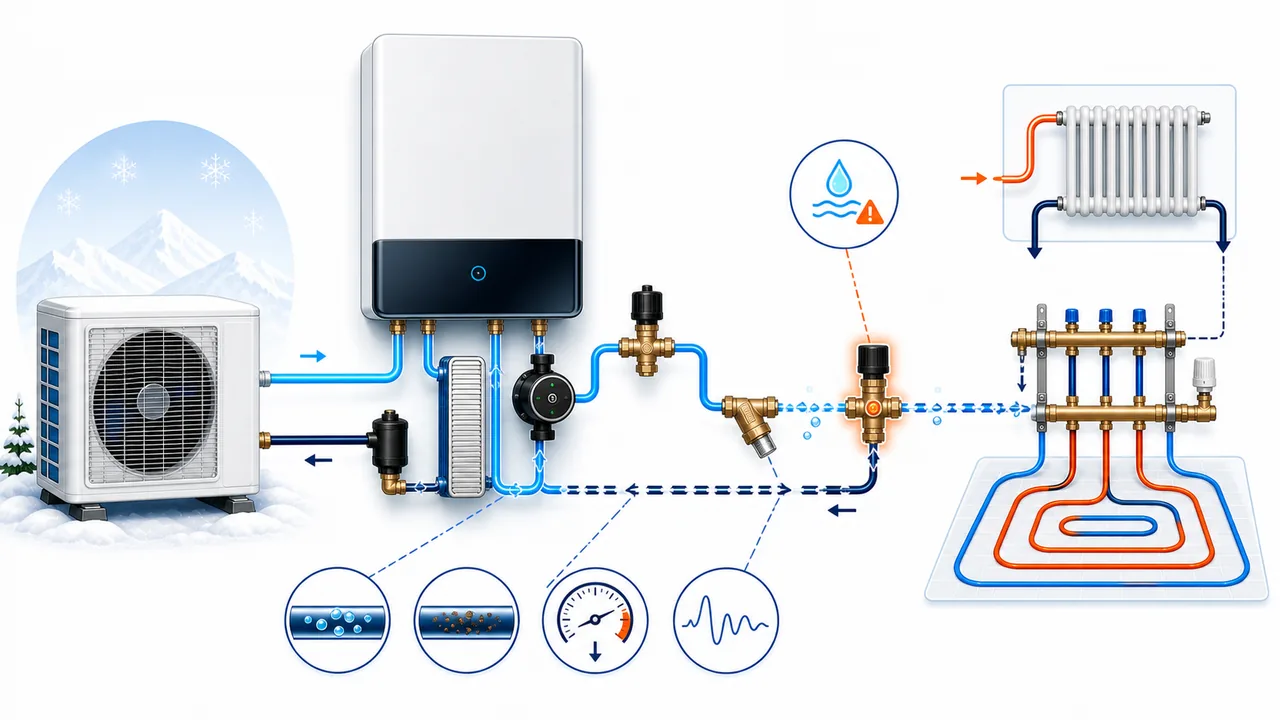 Schéma de diagnostic montrant un débit d’eau faible ou instable autour du flow switch Daikin Altherma.