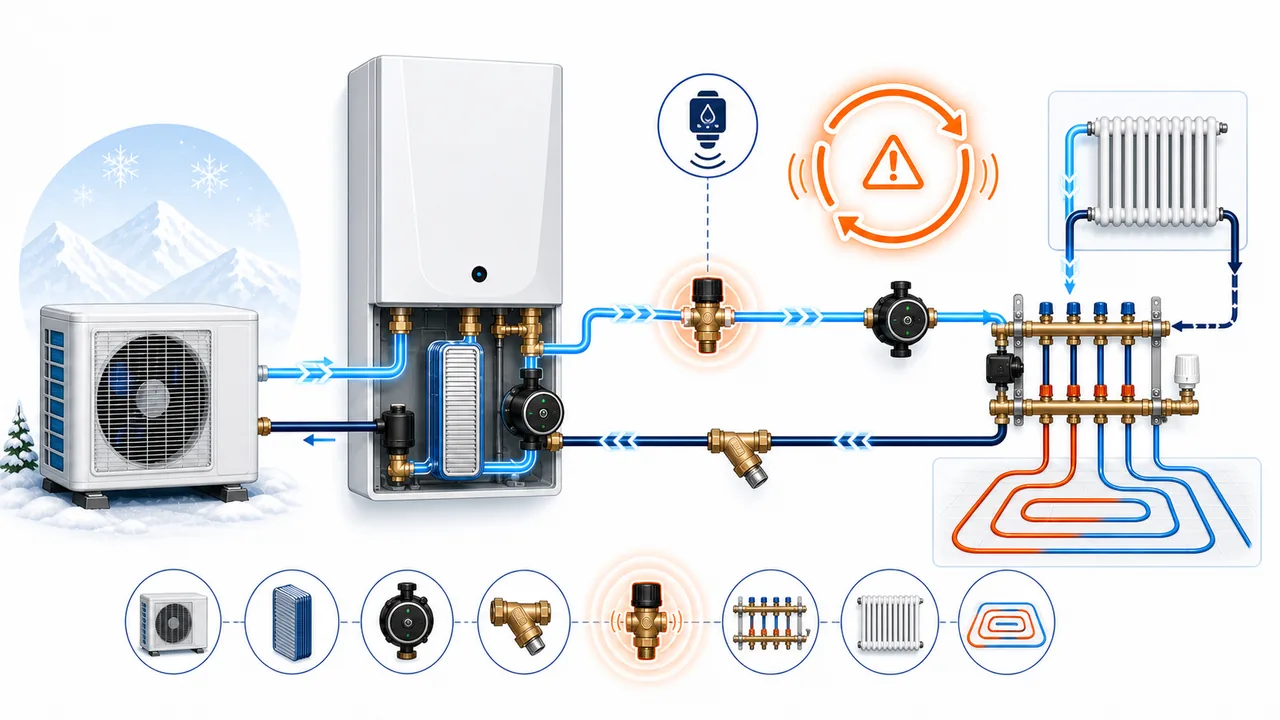 Schéma de diagnostic illustrant un défaut récurrent du flow switch Daikin Altherma sur le circuit hydraulique.