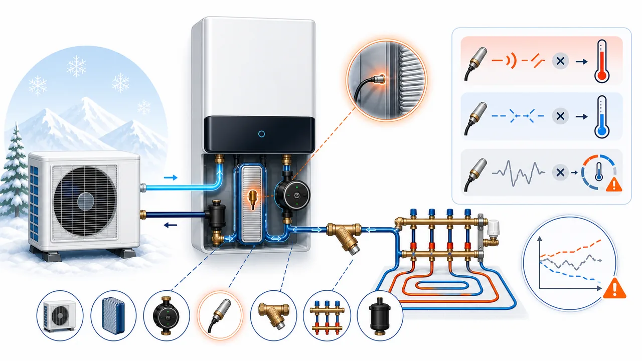 Schéma de diagnostic montrant une sonde de température d’échangeur intérieur Daikin Altherma avec signal incohérent.
