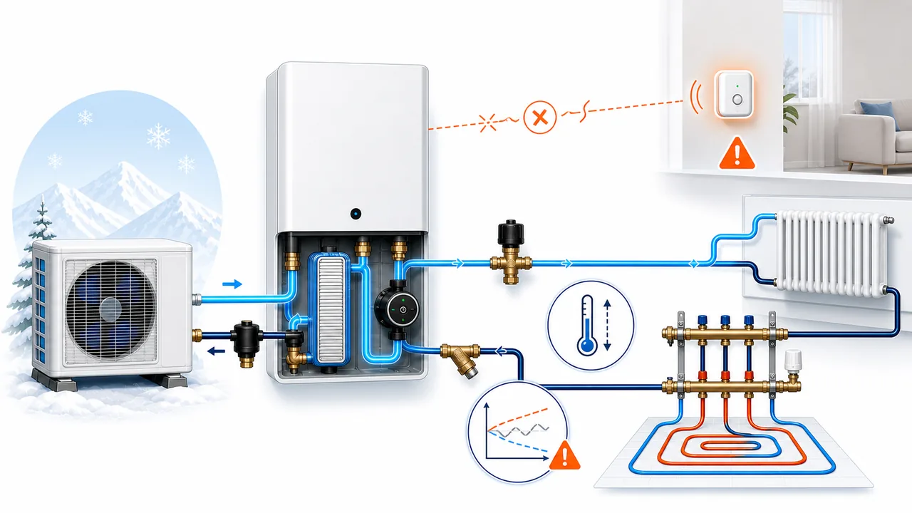 Schéma de diagnostic montrant une sonde de température ambiante Daikin Altherma avec signal hors plage.
