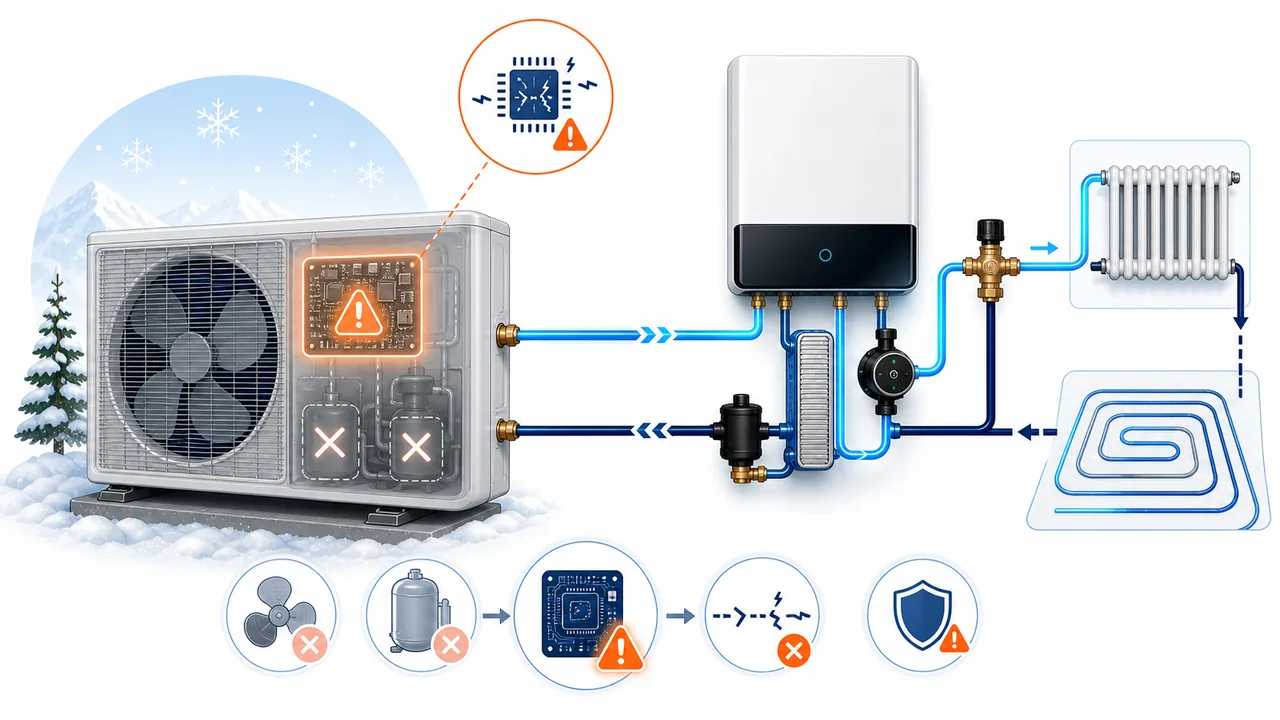 Schéma de diagnostic montrant un défaut de carte PCB principale sur l’unité extérieure Daikin Altherma.