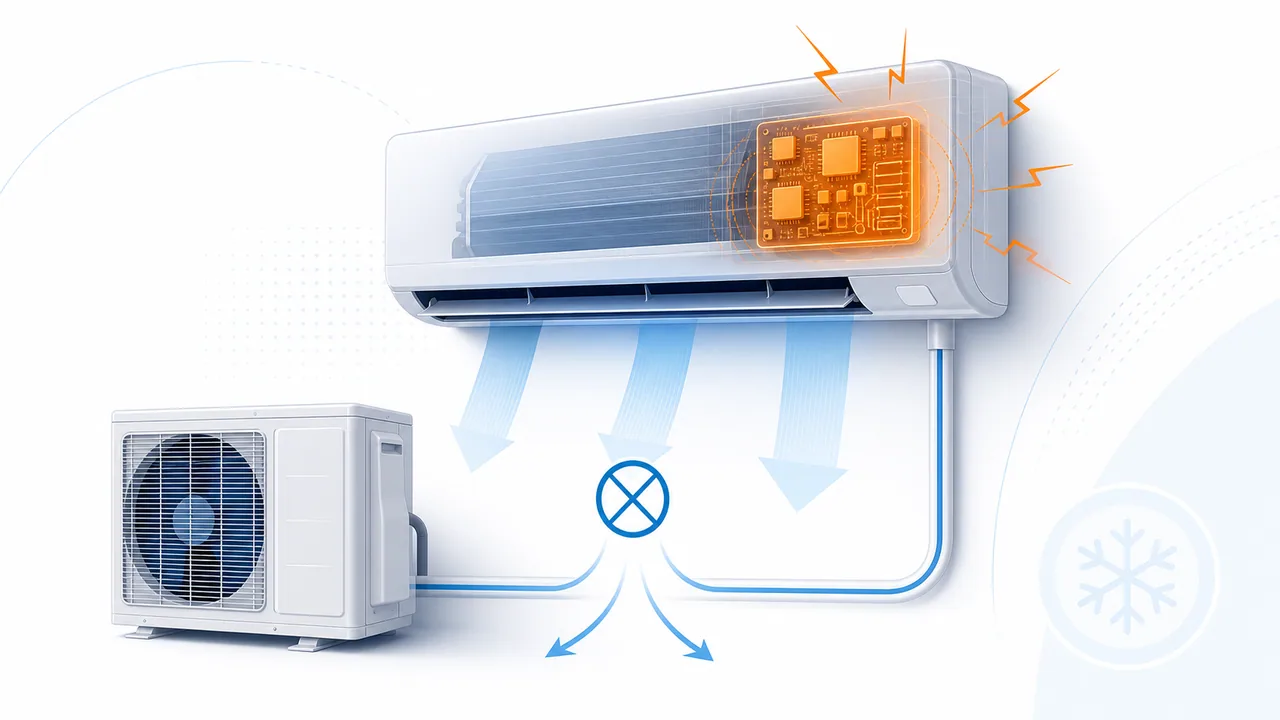 Schéma de diagnostic montrant un module de régulation électronique d’unité intérieure Daikin résidentiel ou tertiaire en défaut.