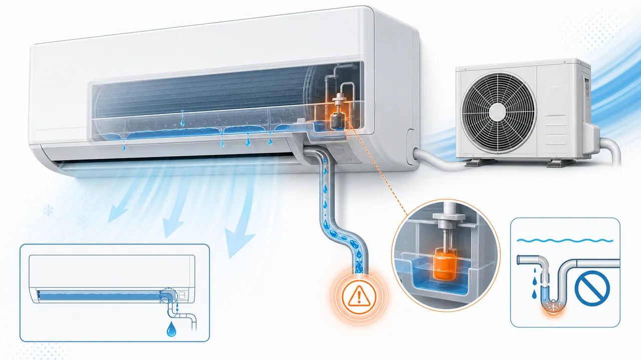 Schéma de diagnostic montrant une évacuation de condensats Daikin résidentiel ou tertiaire avec pompe et flotteur en alerte.