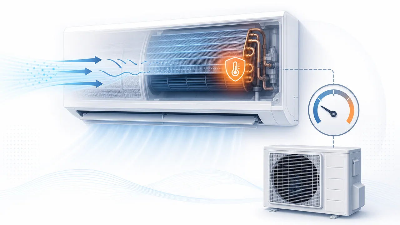 Schéma de diagnostic illustrant une protection de pression ou d’échange thermique sur une unité intérieure Daikin résidentiel ou tertiaire.