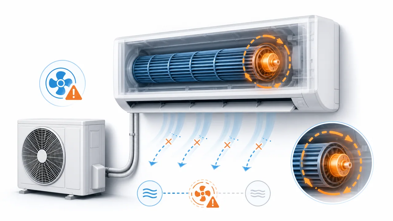 Schéma de diagnostic montrant un moteur de ventilation intérieur Daikin résidentiel ou tertiaire avec rotation interrompue.