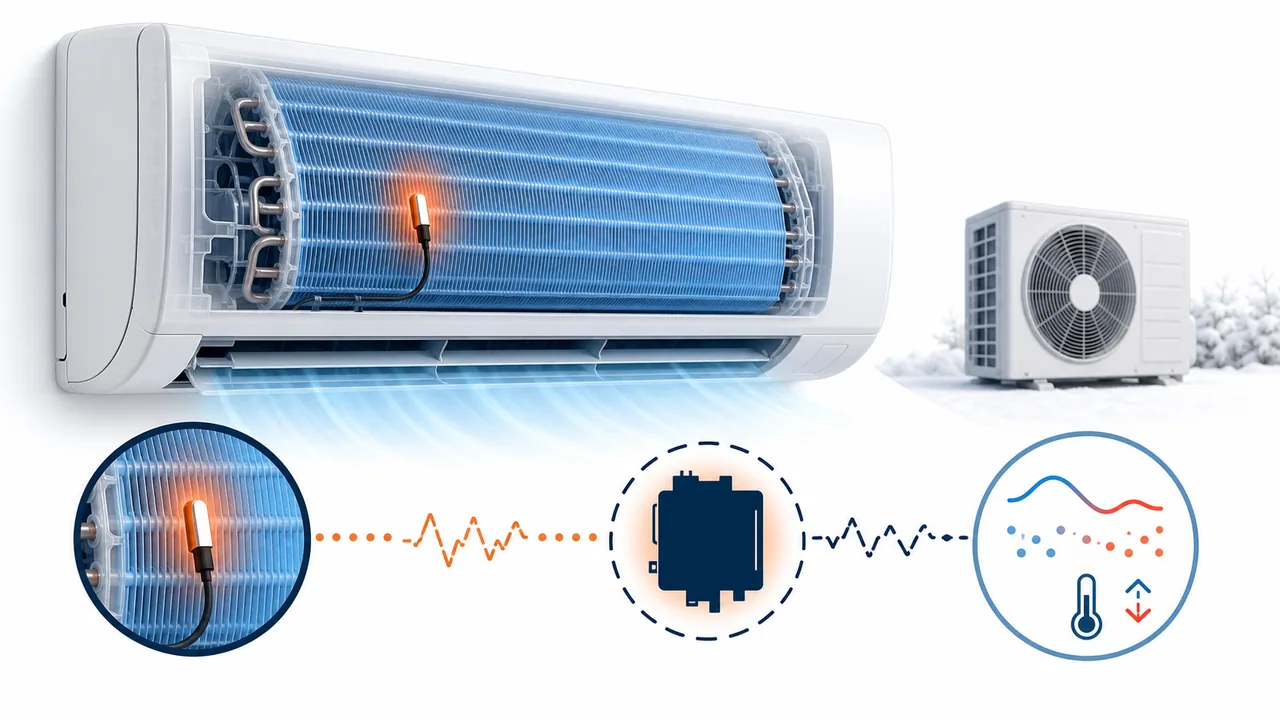 Schéma de diagnostic montrant une sonde de température sur l’échangeur intérieur Daikin résidentiel ou tertiaire.