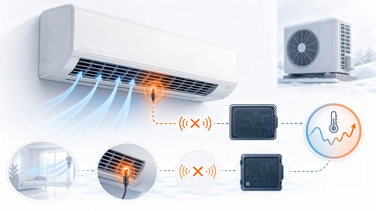 Schéma de diagnostic montrant une sonde d’air de reprise Daikin résidentiel ou tertiaire près de la grille intérieure.
