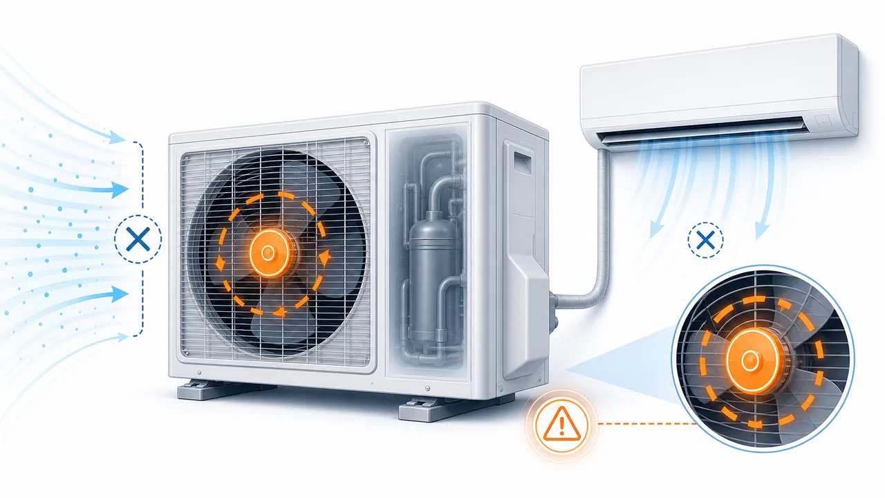 Schéma de diagnostic montrant un ventilateur extérieur Daikin résidentiel ou tertiaire arrêté avec moteur en alerte.