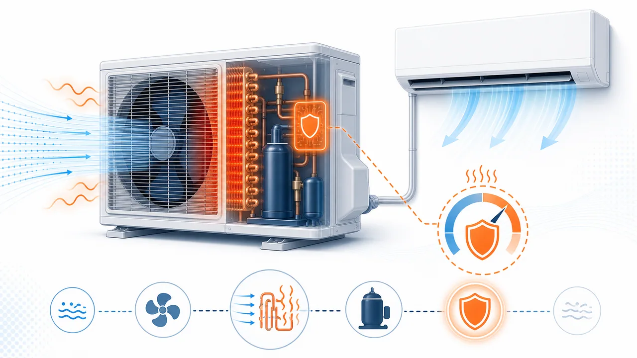 Schéma de diagnostic illustrant une protection pression ou rejet thermique sur l’échangeur extérieur Daikin.