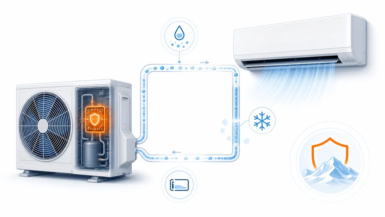 Schéma de diagnostic montrant un circuit frigorifique Daikin résidentiel ou tertiaire scellé avec circulation insuffisante.