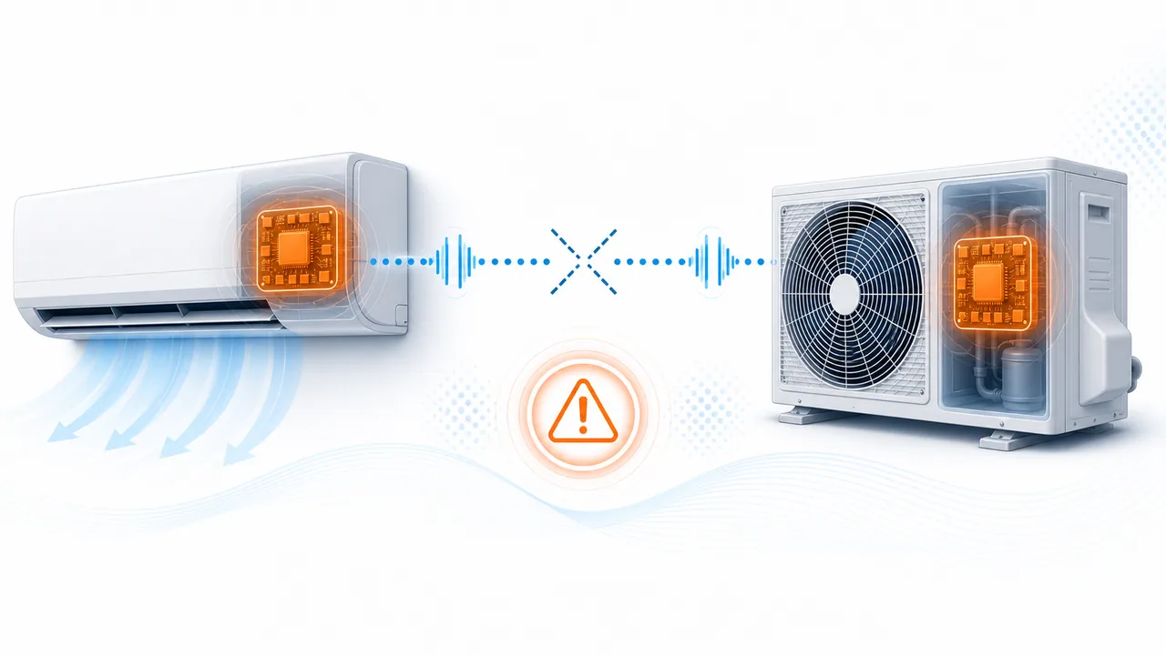 Schéma de diagnostic montrant une communication interrompue entre unité intérieure et extérieure Daikin.