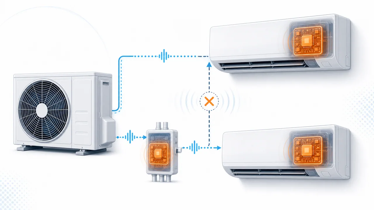 Schéma de diagnostic montrant une coordination de communication Daikin interrompue entre plusieurs modules.