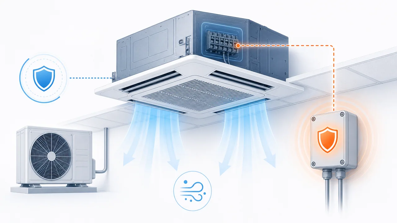 Schéma de diagnostic montrant un dispositif de protection externe relié à une unité intérieure Daikin SkyAir.