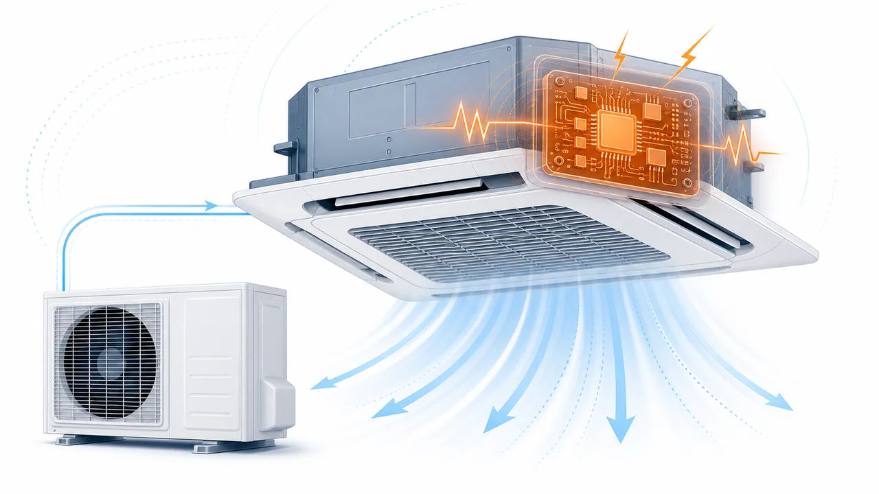 Schéma de diagnostic montrant une carte PCB principale d’unité intérieure Daikin SkyAir en défaut.