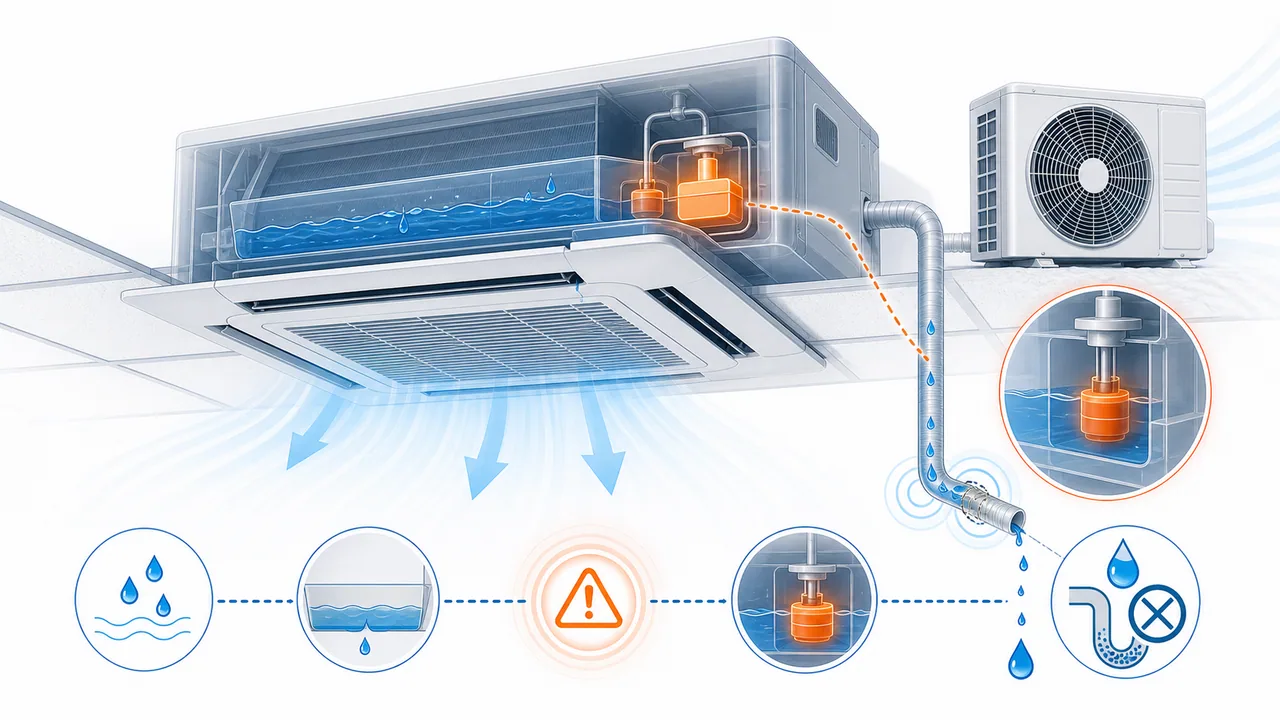 Schéma de diagnostic montrant un niveau de condensats anormal sur une cassette ou un gainable Daikin SkyAir.