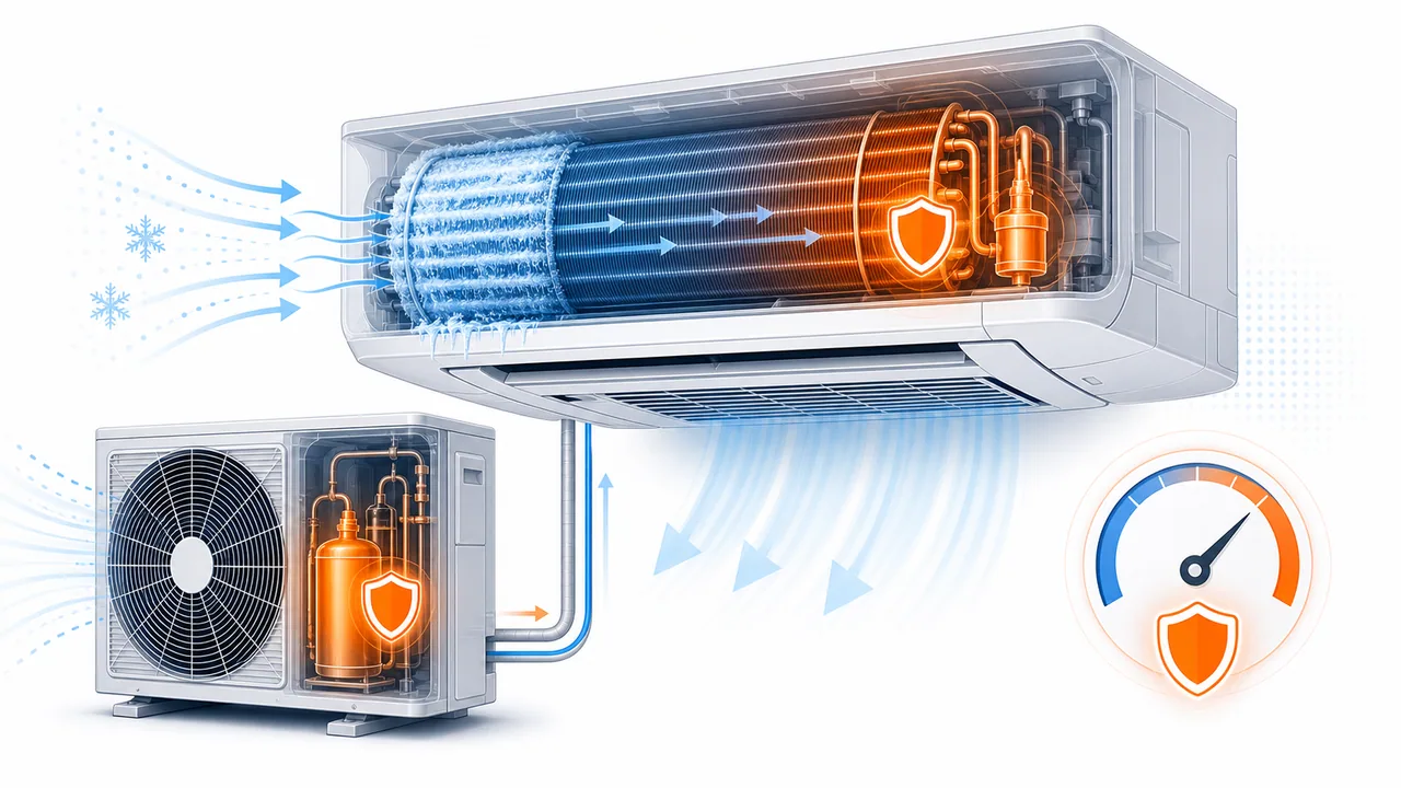 Schéma de diagnostic illustrant une protection antigel ou haute pression sur une climatisation Daikin SkyAir.