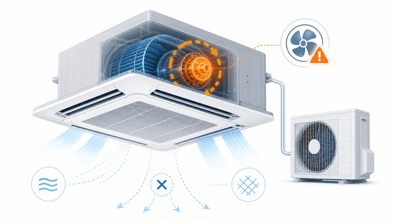 Schéma de diagnostic montrant un moteur de ventilateur intérieur Daikin SkyAir en surcharge ou bloqué.
