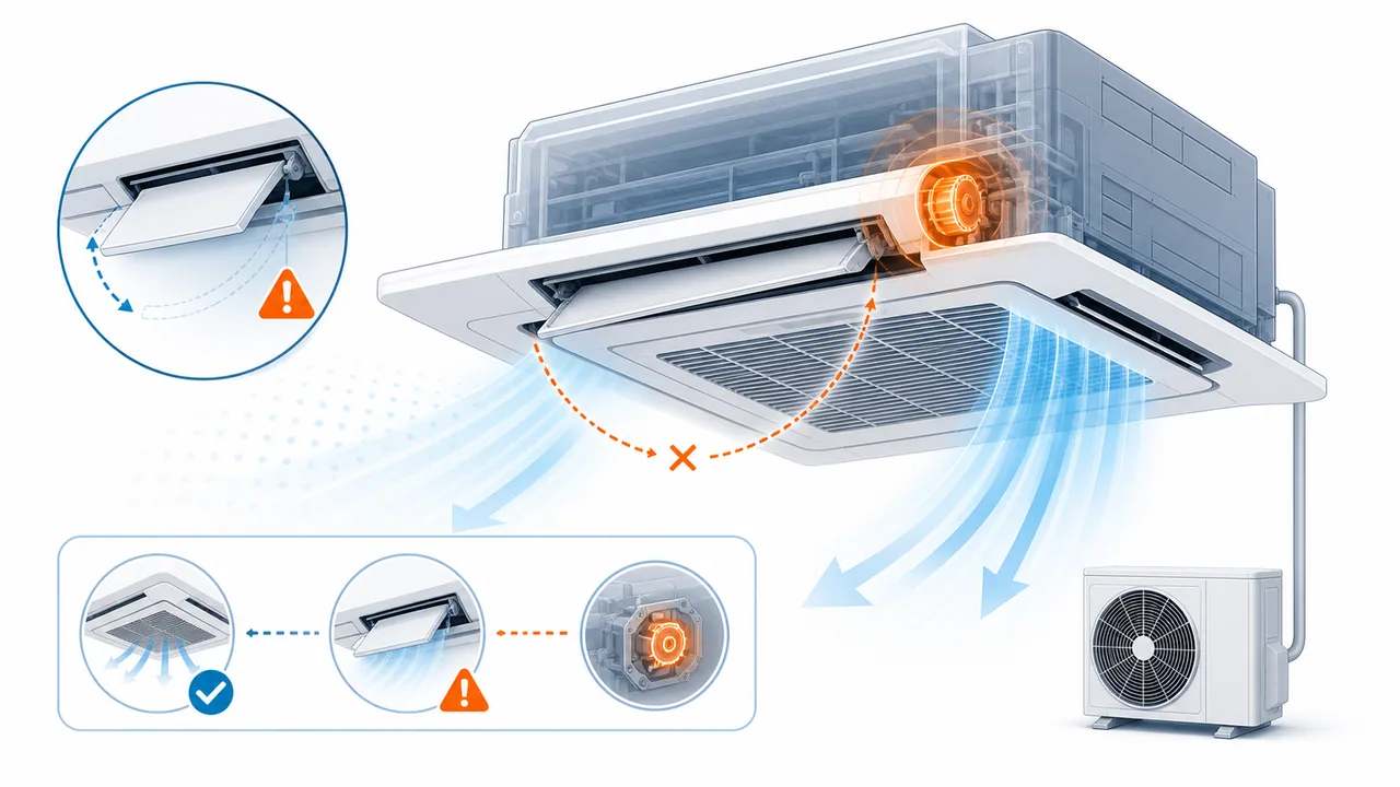 Schéma de diagnostic montrant un volet motorisé Daikin SkyAir bloqué avec flux d’air dévié.