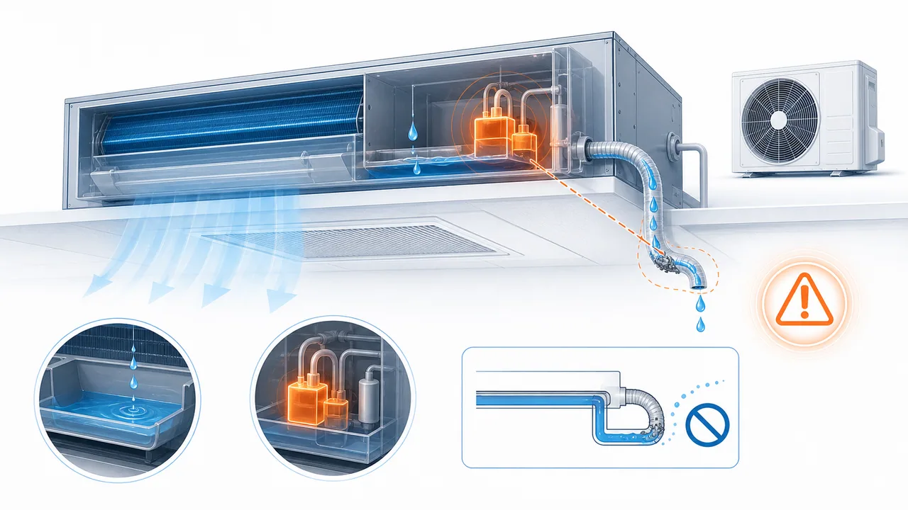 Schéma de diagnostic montrant une pompe de relevage et un flotteur de sécurité Daikin SkyAir en défaut.