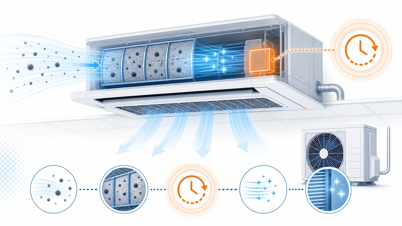 Schéma de diagnostic montrant un filtre ou nettoyeur d’air Daikin SkyAir avec encrassement et rappel d’entretien.