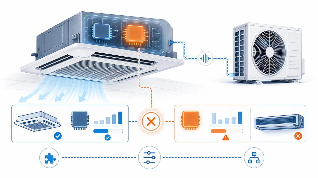 Schéma de diagnostic montrant un paramétrage d’unité intérieure Daikin SkyAir incohérent avec le matériel installé.