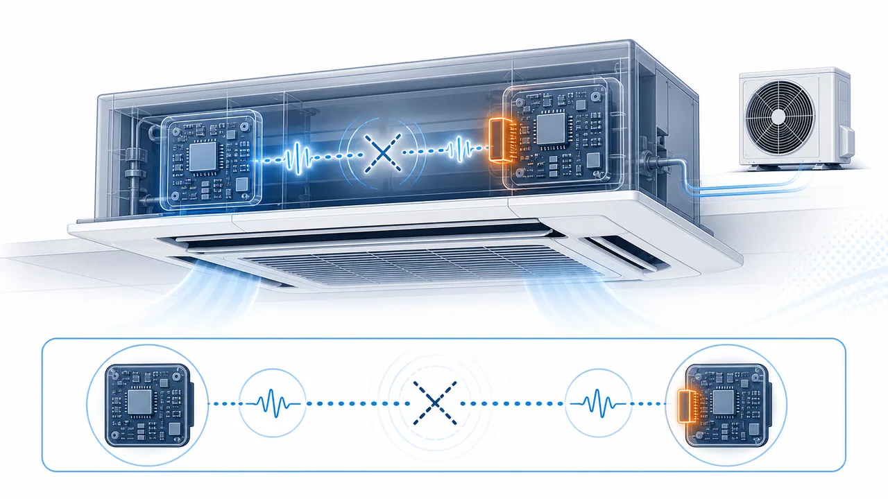Schéma de diagnostic montrant une liaison interrompue entre cartes électroniques d’unité intérieure Daikin SkyAir.