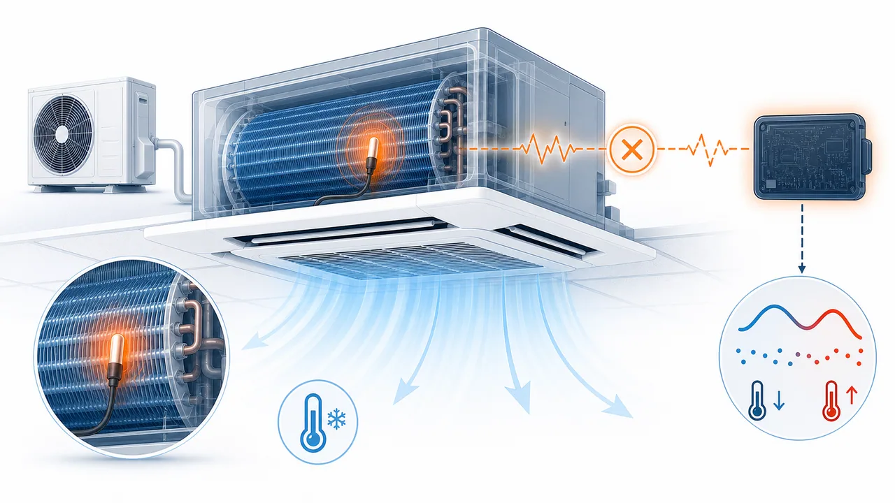 Schéma de diagnostic montrant une thermistance d’échangeur intérieur Daikin SkyAir avec mesure incohérente.
