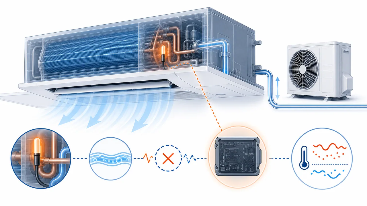 Schéma de diagnostic montrant une thermistance de tuyau gaz intérieur Daikin SkyAir en défaut.